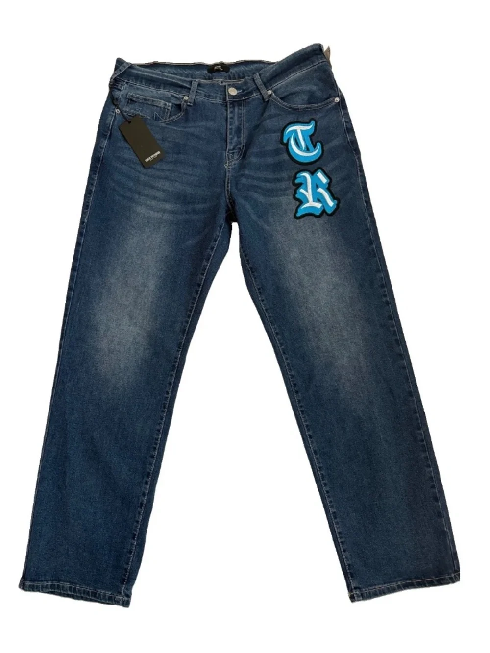 $184 True Religion Bobby Applique Baggy Jeans Mens 34x32 Medium Blaze Wash